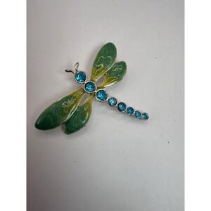 Vintage TC Dragonfly Brooch – Green Enamel Wings Blue Rhinestone Body